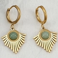 Gold plated stainless steel hoop earrings with sunburst charms and green aventurine stone - Green