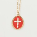 Vintage gouden ketting met ovale hanger van rood email en wit kruis op een fijne ketting - Rood