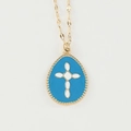 Vintage gouden ketting met hemelsblauwe emaille kruishanger en fijne parelmoer rand - Blauw