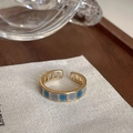 Adjustable gold ring featuring a blue and white checkered enamel design for women - Blue and White Checkerboard Shell Style