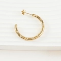 Gold-plated C-shaped hoop earrings with textured diamond pattern and butterfly backing - Bamboo Style