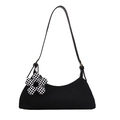 Borsa sottobraccio minimalista nera in tela con ciondolo a fiore a scacchi e tracolla in pelle - Nero
