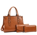 Ensemble 3 pièces de sacs en similicuir marron avec sac cabas, pochette et portefeuille - Ensemble trois pièces / Marron