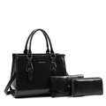 Ensemble de 3 sacs noirs en cuir PU brillant avec cabas, pochette et portefeuille - Ensemble trois pièces / Noir