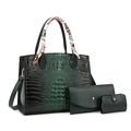 Conjunto de 3 bolsos verde oscuro con relieve de cocodrilo y asa decorada con pañuelo - Verde Bolso Tote Y Bolso de Mano de Sobre Y Cartera