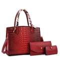 Conjunto de 3 bolsos rojos con textura de cocodrilo, pañuelo de seda y herraje dorado - Burdeos Bolso Tote Y Bolso de Mano de Sobre Y Cartera