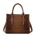 Brown crocodile embossed tote bag with 3D spine texture and golden metal accents - Top Handle Bag / Brown