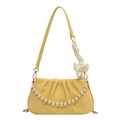 Yellow pleated cloud bag with elegant pearl chain and decorative silk scarf detail - Yellow