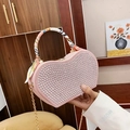 Pink heart-shaped rhinestone handbag with printed silk scarf and golden chain strap - Pink