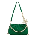 Green pleated cloud bag with pearl chain and white silk bow on a leather shoulder strap - Green
