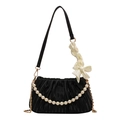 Elegant black pleated cloud bag with pearl chain and cream bow charm detail - Black