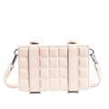 Chic cream plaid quilted crossbody square bag with minimalist metal buckles and leather strap - White