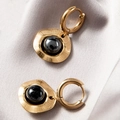 18k gold plated stainless steel hoop earrings featuring black natural stone pendants - Pearl Stainless Steel Ear Buckle - Black