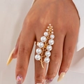 Anillo abierto de rama dorada con perlas blancas y diseño de hoja tropical verano - Talla única / Amarillo Dorado