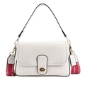 White faux leather rectangular flap bag with golden hardware and striped wide strap - White