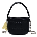 Black glossy handbag with bubble texture, silver chain, and yellow cheese charm - Black