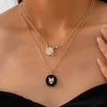 Collana a doppio strato dorata con ciondolo a forma di pianeta e testa di leopardo - Nero