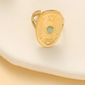 Vintage shield ring in gold with oval green gemstone and radial sunburst patterns - Oval Light Green Natural Stone (A3854) / Pale Green