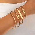 Set of four minimalist vintage gold-toned bracelets featuring leaf and bar designs - Golden Yellow Four-Piece Set