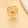 Vintage shield ring with red gemstone in golden finish with sunray carvings - Oval Pink Natural Stone (A3855) / Pink