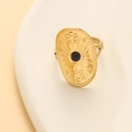 Vintage gold shield ring with lapis lazuli center stone and sunburst relief texture - Oval Dark Blue Natural Stone (A3856) / Dark Blue