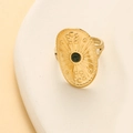 Vintage gold shield ring with starburst engraving and a green stone center - Dark Green