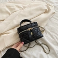Black quilted mini box handbag with gold chain strap and floral zipper detail - Black