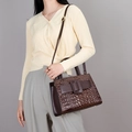 Dark brown faux crocodile leather tote bag with a top handle and adjustable shoulder strap - Coffee