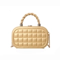 Elegant gold quilted box bag with a twisted leather handle and metallic chain strap - Gold