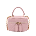 Pink quilted crossbody bag with gold chain strap and top handle on white background - Pink