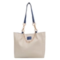 Beige and blue large capacity tote bag with golden floral chain for women's daily commute - White with Blue