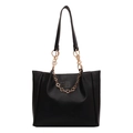 Large black leather tote bag with stylish gold flower chain and shoulder straps - Black