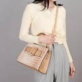 Beige crocodile embossed handbag featuring a large signature square buckle with shoulder strap - Off White