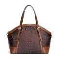 Dunkelbraune Damenhandtasche mit Krokodilprägung, Lederbesatz und Goldbeschlägen - Braun