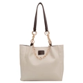 Fashionable cream tote bag with dark brown straps and golden chain decoration - White & Coffee