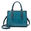 Teal crocodile embossed handbag with top handle and golden studs on white background - Single Bag / Blue