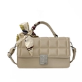 Beige quilted square handbag with silver G-logo buckle and silk scarf on handle - Khaki