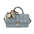 Quilted light blue crossbody bag with silk scarf handle and silver metal clasp - Blue