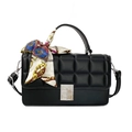 Chic black quilted crossbody bag with silk scarf detail and geometric metal buckle - Black