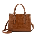 Brown crocodile embossed faux leather handbag with top handle and gold hardware - Single Bag / Brown