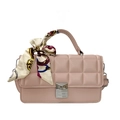 Pink quilted square crossbody bag with stylish floral scarf wrapped on the handle - Pink