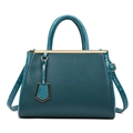 Grand sac à main bleu sarcelle en cuir litchi et crocodile avec barre dorée chic - Bleu