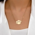 Golden 2025 graduation cap pendant necklace for female students shown on model - Gold Yellow