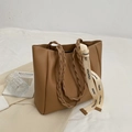 Brown leather tote bag with woven handles and branded canvas strap detailing - Khaki