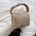 Fuzzy beige plush handbag with petal-style leather handle and gold chain detail - Apricot