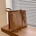 Retro khaki brown tote bag in textured PU leather with side ring buckle and long strap - Brown