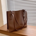 Dark brown faux leather tote bag with silver metal ring detail and wide bottom base - Brown