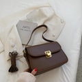 Vintage dark brown leather crossbody bag with a gold buckle on a tweed backdrop - Brown