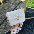 White quilted crossbody bag with golden ring hardware and ethnic floral embroidery strap - White Circular Lock