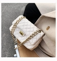 White quilted flap shoulder bag with gold chain strap and metallic twist lock detail - White
